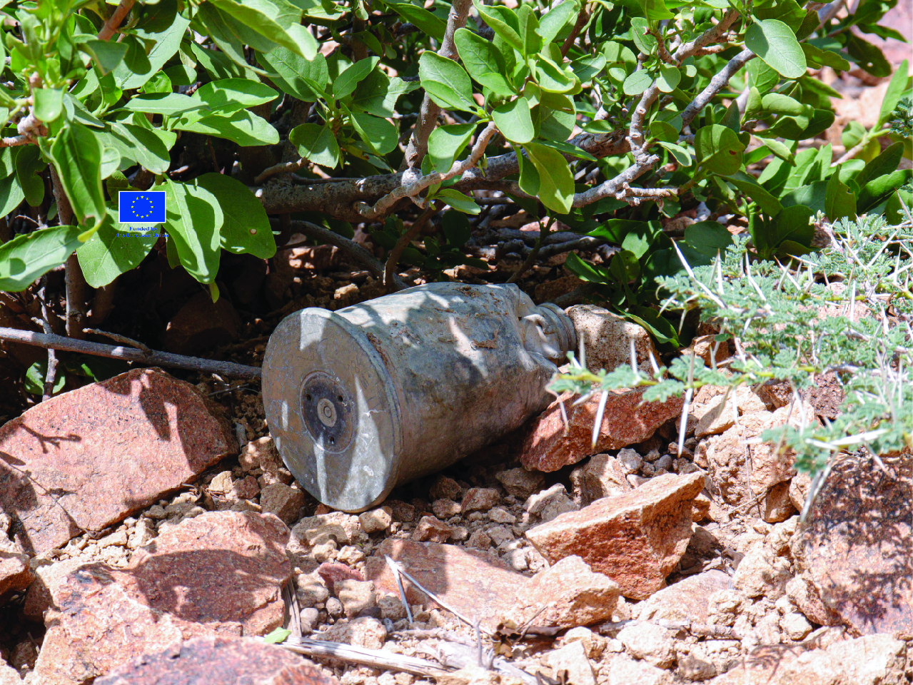This close-up image, which was taken from a safe distance, shows the EO that Sakher reported in the village of Al Mutaradif in Mocha District, Taiz Governorate. Helmi Marei, 2024