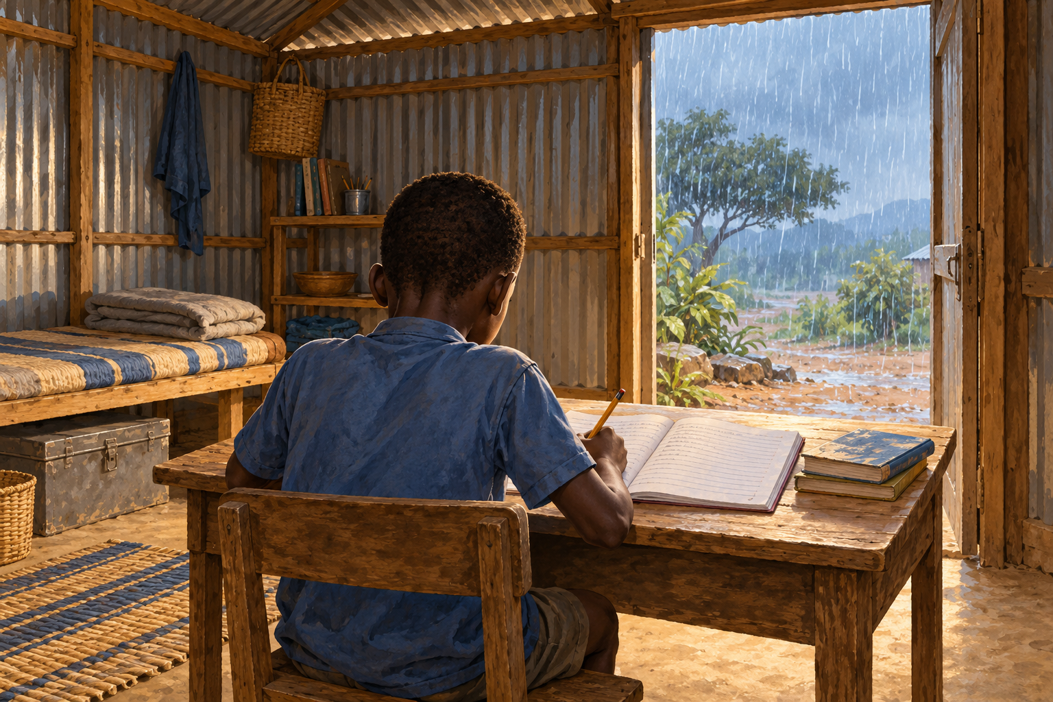 AI-generated illustration accompanying Sami’s story. It does not depict the actual child or his home.