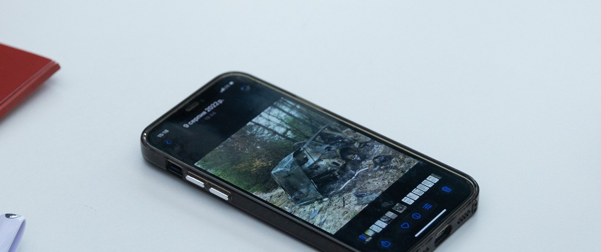 Rusted heap of scrap metal which once was a Serhii's car. ©DRC Ukraine, 2025, Olena Vysokolian